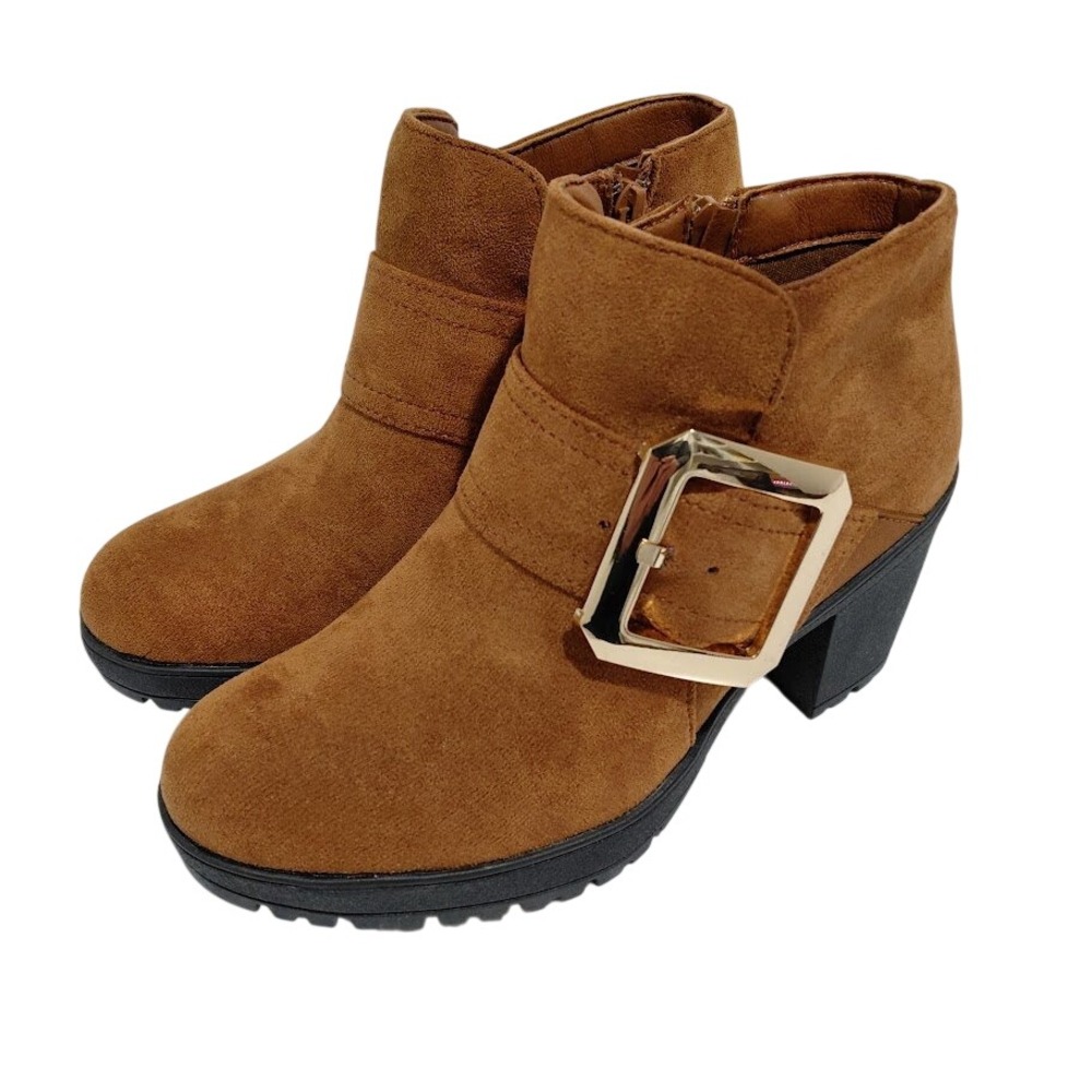 Forever Women's Brown Suede Ankle Boots Chunky Heel Gold Buckle Zip Size 5